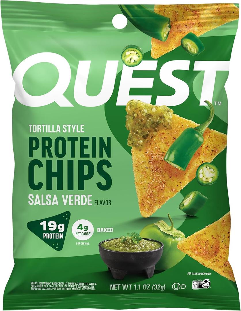 Quest Nutrition Tortilla Style Protein Chips, Salsa Verde, 19g of Protein, 4g Net Carbs, Gluten Free, 1.1 Ounce (Pack of 12) Best By: AUG/03/2026