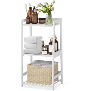 POXAKA 3 Tier Bamboo Bathroom Shelves, Ladder Shelf for Storage, Rustic Home Organizer, Space-Saving Design, Stylish Display Nightstand, Stylish Storage Solution for Home, Living Room, Kitchen (Without drawers, Fashion White)