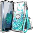 NZND Designed for Samsung Galaxy S21 FE 5G Phone Case with Tempered Glass Screen Protector, Ring Holder/Wrist Strap Lanyard, Glitter Flowing Liquid Women Girls Cute Case (Mint)