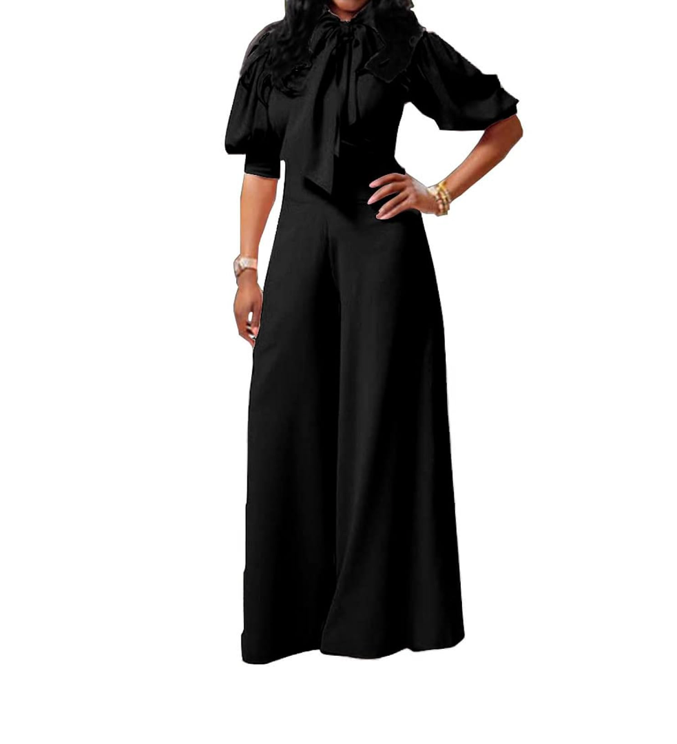 VERWIN Plain Dressy Full Length Bowknot Women's Jumpsuit High Waist Woman Romper, L