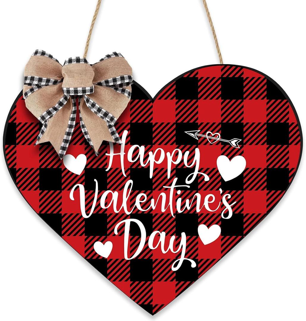 VABAMNA Valentines Day Decorations Door Sign - Buffalo Plaid Happy Valentines Day Hanging Wooden Sign for Rustic Farmhouse Valentine Door Wall Home Decorations