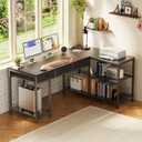 PRAISUN 55 Inch L Shaped Office Desk with Power Outlets and Type-C Port, Large Computer Gaming Desk with 3 Fabric Drawers, Mesh Shelves, Corner Study Work Writing Desk, Black, 55.1inch