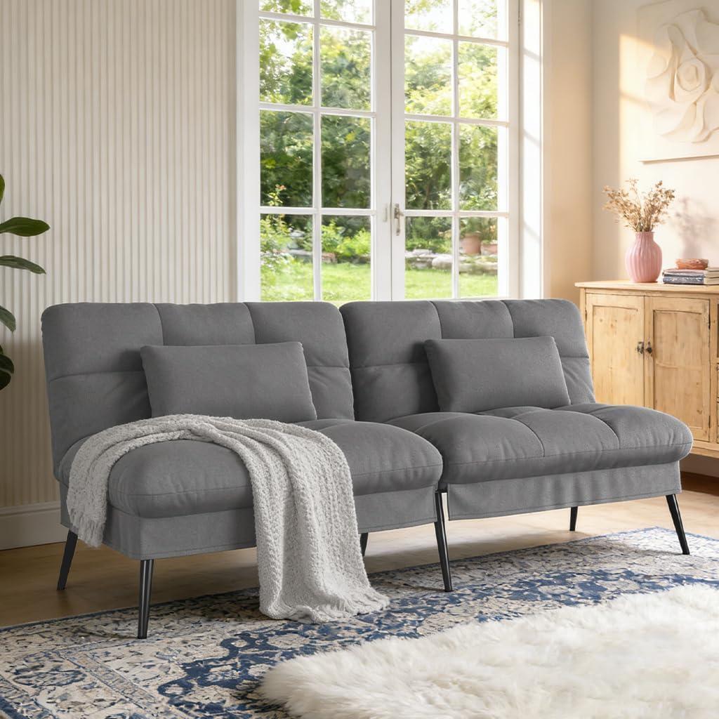 COMHOMA 72Futon Sofa Bed,Modern Convertible Sleeper Sofa, Fabric Futon Couch with Multi-Position Backrest for Living Room Furniture (Grey)