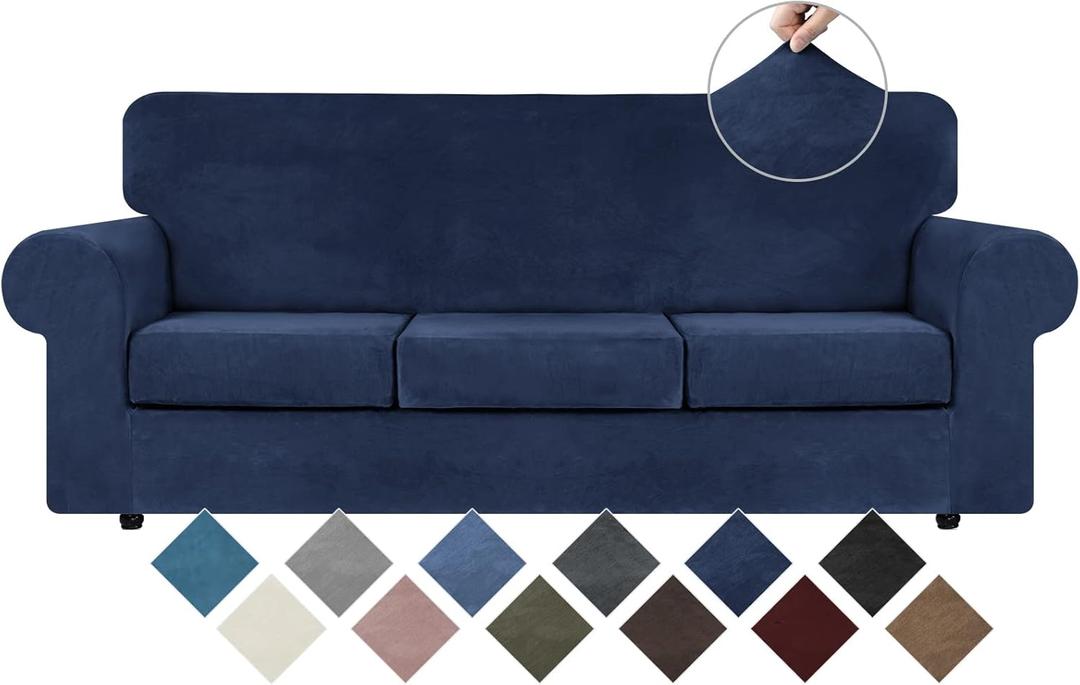 WEERRW 4 Pieces Velvet High Stretch Couch Covers for 3 Cushion Couch Sofa Slipcovers, Washable Furniture Protector with Non Slip Elastic Bottom, Feature Soft and Thick Plush Fabric, Navy Blue, Large