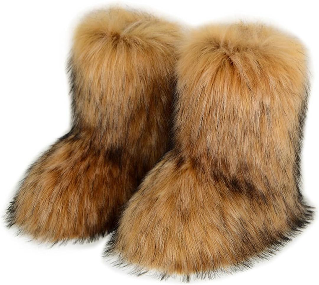 QMFUR Women's Furry Faux Fur Boots Fuzzy Fluffy Mid Calf Snow Boots Suede Warm Fur Lined Booties Flat Fashion Boots Size 41