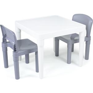 Humble Crew Kids Plastic Table and Chair Set, Toddler Activity Table with 2 Chairs, Lightweight Easy-Clean Kids Desk for Play, Snacks & Crafts, Indoor Outdoor Playroom Furniture, White/Grey