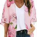 CHICGAL Womens Floral Kimono Cardigan Beach Cover Up Casual Summer Tops | 2026 Puff Sleeve Open Front Chiffon Outfit,Hawaiian Shirt,Beach Vacation Swimwear, Plus Top,Boho ladies Blouse,Cruise Resort (Pink, S)