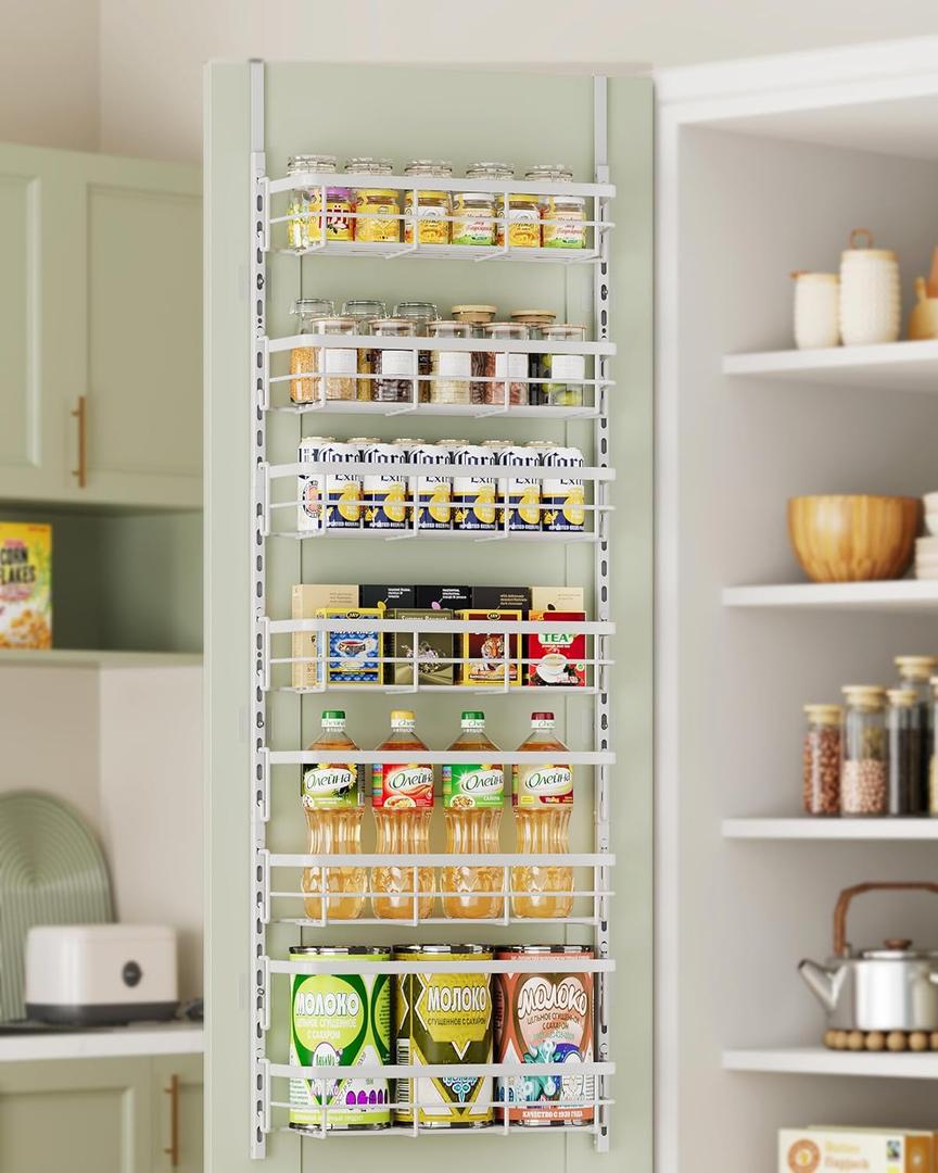 6-Tier Adjustable Over the Door Pantry Organizer with 2 Sets Hooks Fits Most Doors, Hanging Spice Rack for Pantry Door Organizer And Storage, White
