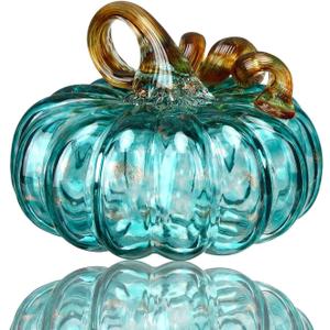 3" Large Blown Glass Pumpkin Figurine Collectible Thanksgiving Fall Harvest Pumpkin Crystal Glass Paperweight Decorations for Home(Green) (Blue)