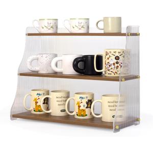Coffee Mug Holder Wooden Cup Station Organizer 3 Tier Cup Holder for Coffee Bar Mug Display Rack for Countertop Mug Holder Shelf for Home Kitchen Trapezium-Nutbrown