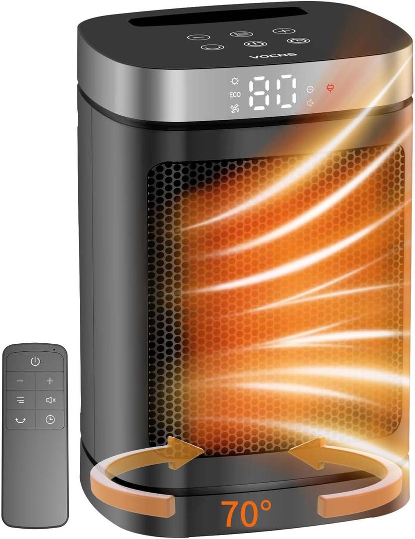 Space Heater, Portable PTC Ceramic Heater for Indoor Use, 1-12H Timer, Remote Control, 70 Oscillation, Overheat & Tip-Over Protection, Suitable for Office and Bedroom (9.96''/70Oscillation)