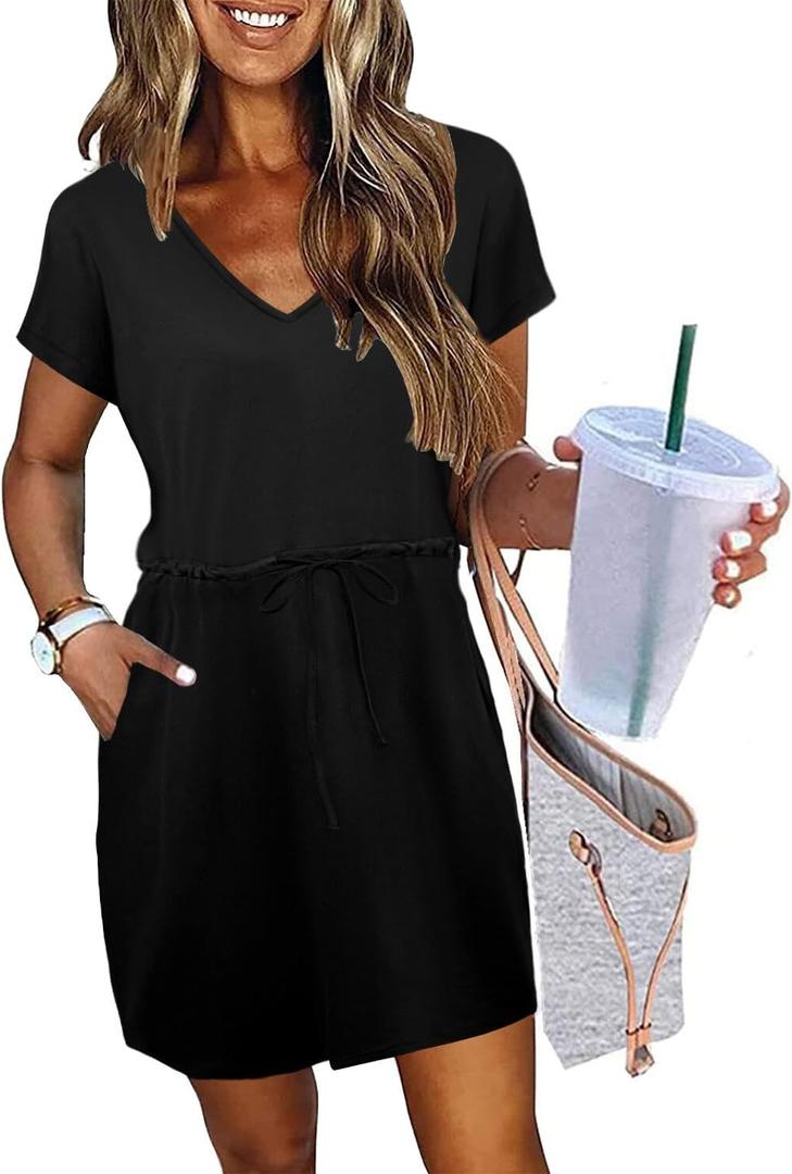 Womens Summer Dresses 2025 Casual Tie Front Short Sleeve A Line Midi Shirt Dress Beach Vacation Clothes (Black, S)