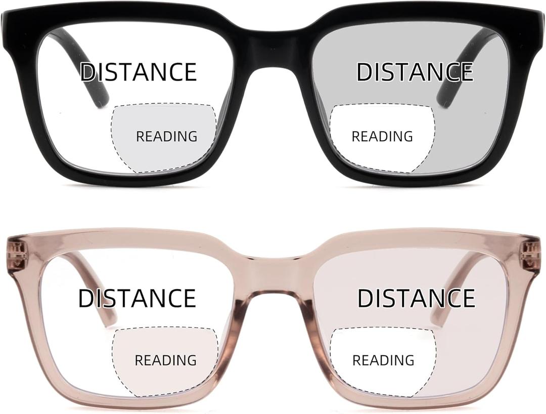 2 Pack Bifocal Reading Glasses for Women Men Oversized Clear Top Bi-focal Readers Progressive Dual-focus Glasses (Black & Pink)