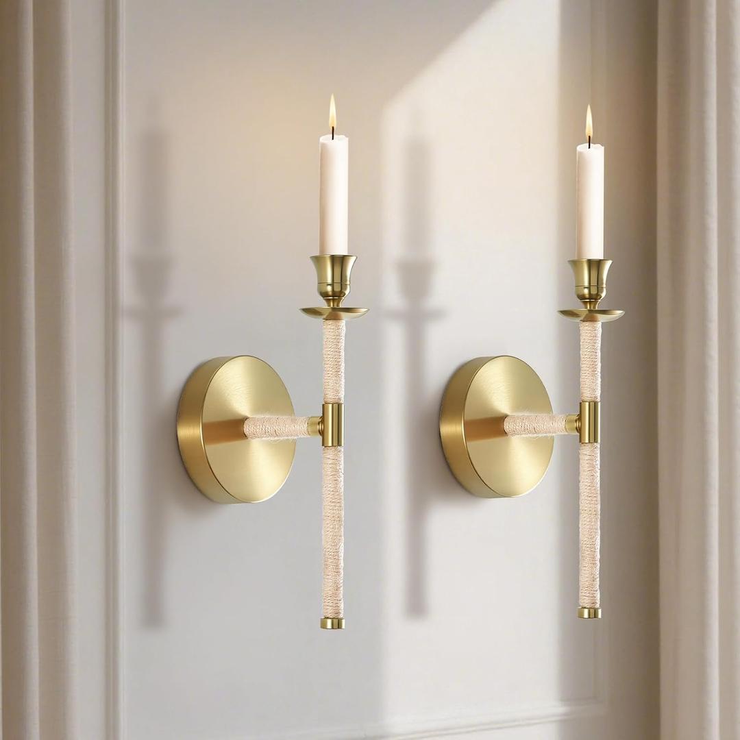 Metal Wall Candle Sconces Wall Mount Candle Holder Set of 2, Twisted Handcraft Hemp Rope Gold Candlestick Holder, Chic Vintage Hanging Decor for Living Room, Bedroom, Entryway, Fireplace