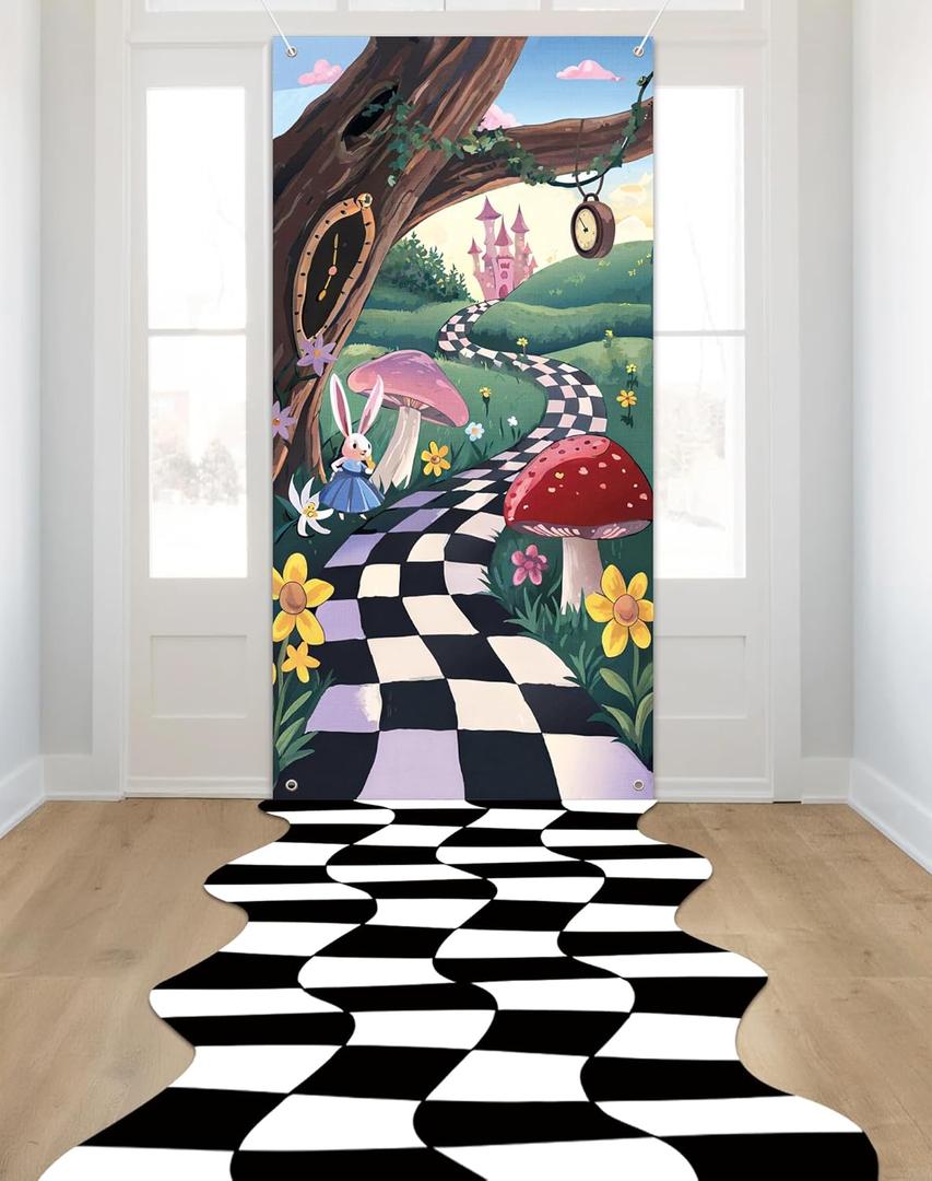 HOMEZZO Wonderland Party Decorations  2PCS Backdrop (70.87"35.43") and Wavy Checker Floor Runner (118.9"37.8") for Birthday Party, Entrance Decor, Photo Booth Supplies