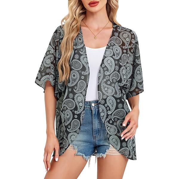 Zando 2025 Beach Black Paisley Kimono Cover Up for Women Summer Hawaiian Shirts Holiday Style Coverups Resortwear Lightweight Sheer Open Front Cardigan Casual Daily Outfit Loose Capes X-Large