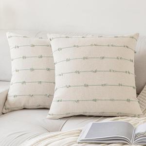 Boho Throw Pillow Covers 18x18 inches Set of 2 Modern Farmhouse Decorative Cushion Case Tufed Square Pillows Cover Neutral Pillow Cases Accent Pillowcase for Sofa, Couch, Bed, Beige and Green