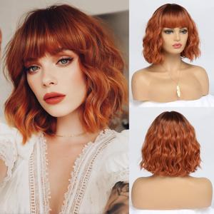 Short Copper Red Wigs for Women Fox Red Wig Ombre Red Dark Root Culy Bob Wigs with Bangs Ginger Hair Wig Wavy Synthetic Wigs(14Inches)