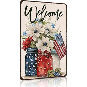 Smilelife Patriotic Floral Mason Jar USA Flag Welcome Tin Sign for Home Bedroom Man Cave Garage 4th of July Memorial Day Independence Day Decor 8 X 12 Inch (3707)