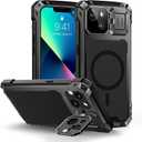 Lanhiem for iPhone 13 Metal Case with Camera Cover & Stand [Compatible with MagSafe] [Built-in Kickstand] [Military-Grade Protection] Heavy Duty Rugged Magnetic Phone Case, Black