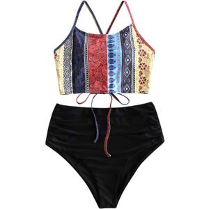 ZAFUL Women's High Waisted Bikini Set Crisscross Tankini Swimsuit Tummy Control Ruched Bathing Suit (Medium, Tp-1-multi-a)