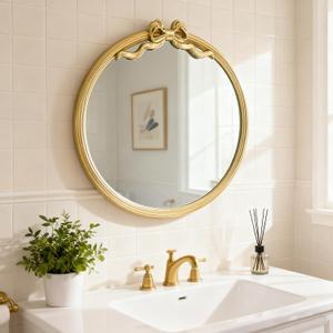 15.75" Gold Bow Decorative Round Mirror, Metal Frame Hanging Circle Mirror, Wall Mounted for Entryway, Bathroom, Vanity, Living Room