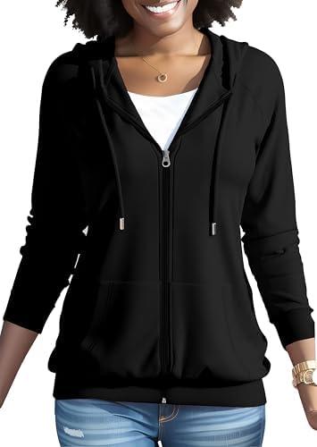 HTD Women Casual Full Zip Up Hoodie Basic Lightweight Long Sleeve Sweatshirt Solid Color Jacket With Pockets, Large