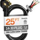 25 ft 4 Prong Dryer Cord, 30Amp 10 Gauge Dryer Power Cord Replacement, Pure Copper 4-Wire Extension Cord with NEMA 14-30P Plug and O-Ring Terminals, 250V 7500W, ETL Listed, Black STW