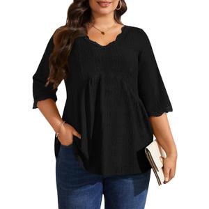 Plus Size Tops for Women 3/4 Lace Sleeve Shirts V Neck Blouses Casual Loose Tunic Tops to Wear with Leggings (XXXL)