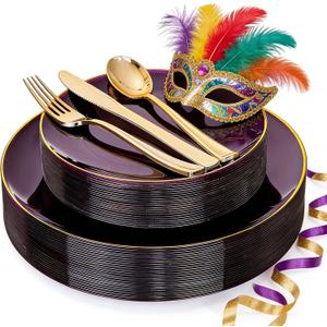 YOUBET 125PCS Purple Plastic Plates - Purple Disposable Plates With Gold Rim - Include 50 Dinner & Dessert Plate, 75 Gold Cutlery Perfect for Wedding Parties & Mardi Gras Party