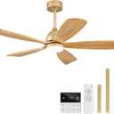48 Inch Ceiling Fans with Lights and Remote, 5 Blades Wood Ceiling Fan with Light, Dimmable, Wall Switch, Reversible DC Motor, Modern Indoor Outdoor Ceiling Fans for Patios Bedroom (Gold) (Natural Wood Downrod Mount)