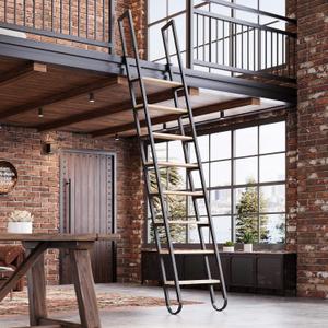 10.35FT Industrial Style Loft Ladder, 8 Steps with Black Steel Handrails & Solid Wood Steps, 450lbs Capacity, Fits 8.2-9FT Installation Height, for Attic, Kitchen, Warehouse, Bookshelf& Outdoor