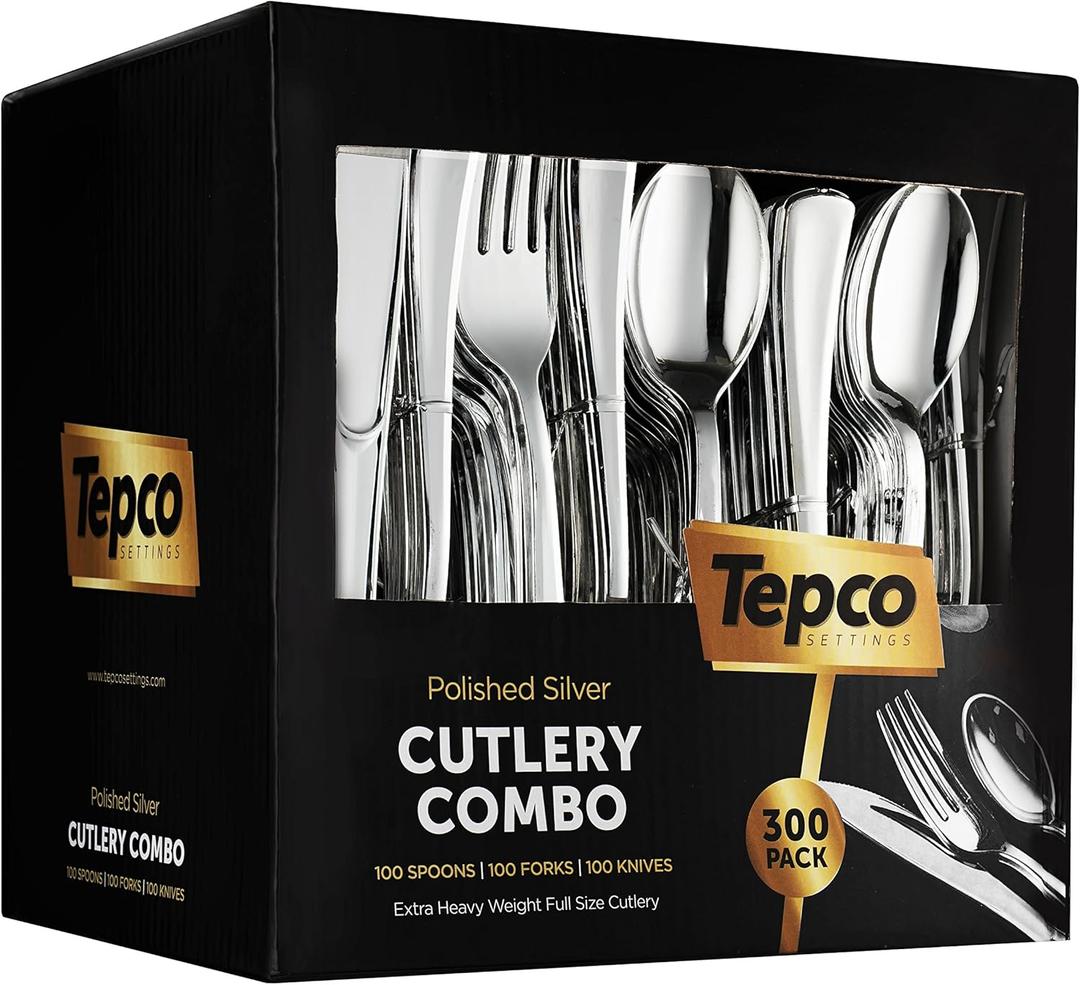 300 Plastic Silverware Set - Silver Cutlery Set - Disposable Flatware Set - 100 Forks - 100 Spoons - 100 Knives - Heavy Duty - Party Bulk