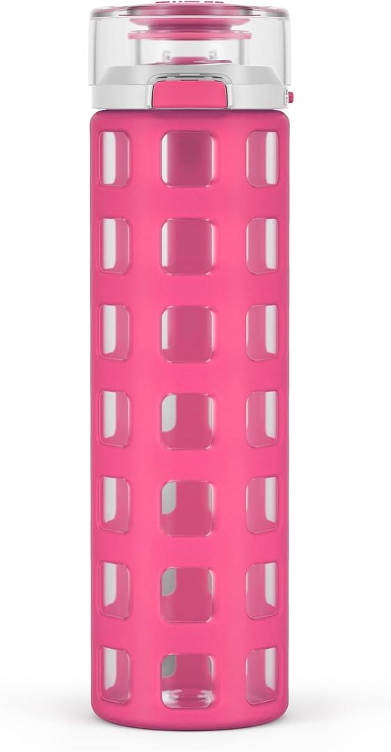 Ello Syndicate 20oz Reusable Glass Water Bottle with One-Touch Leak Proof Flip Lid and Protective Non-Slip Silicone Sleeve and Carry Loop for Coffee, Tea and Water, BPA-free, Dishwasher Safe, Pink