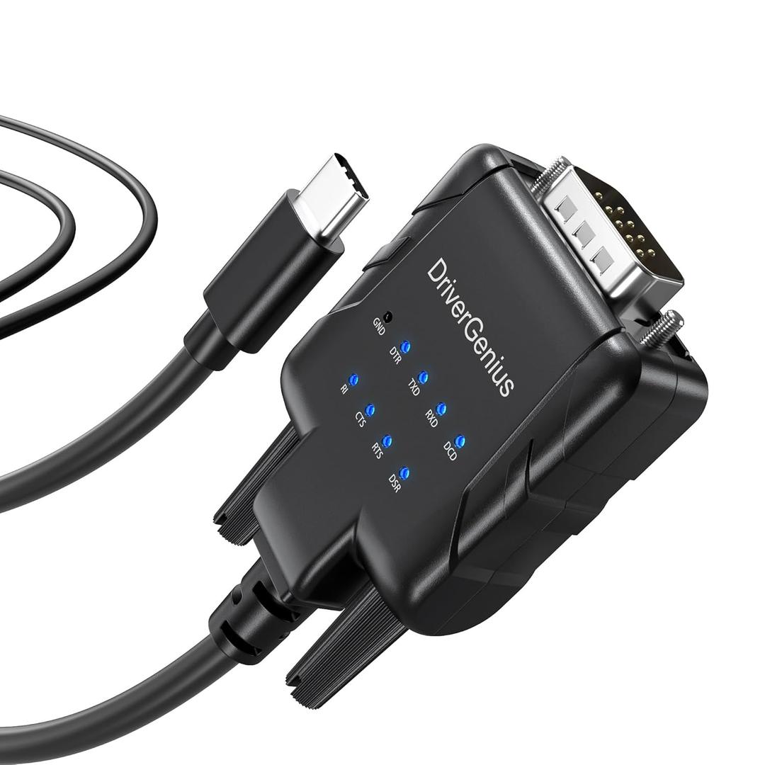 DriverGenius SerialPulseX USB-C to Serial RS232 DB9 Adapter with 9 x LED Indicators - Prolific PL2303GC - Compatible with Windows 11, macOS 15, Linux (USB232A-E-C, 3ft/1m)