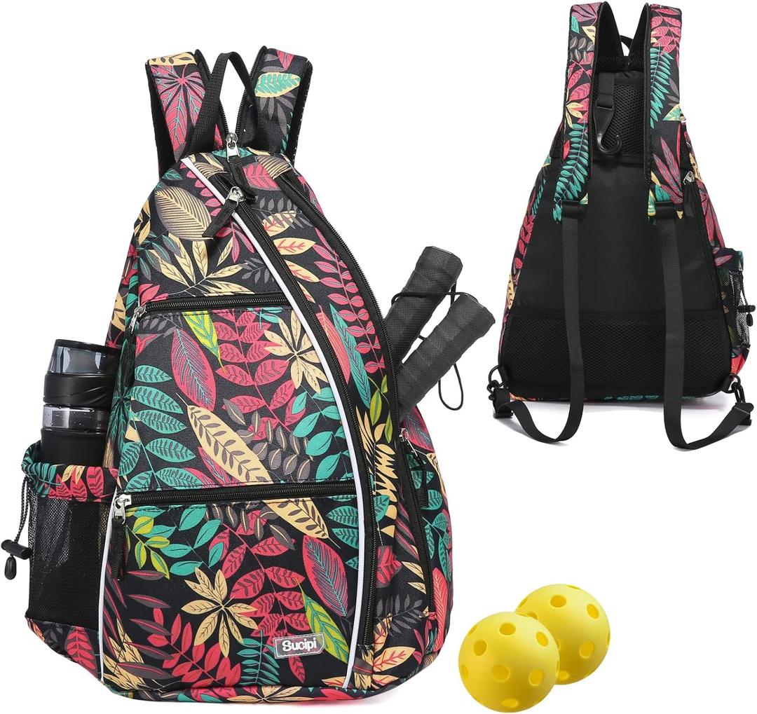 Sucipi Pickleball Bag - Men's & Women's Pickleball Backpack, Adjustable Sling Bag w/Fence Hook/Large Capacity/Safety Pocket (Red Leaf)
