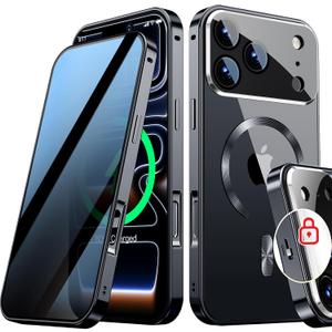 [Full Camera Protection& Mechanical Lock]Magnetic Privacy Case for iPhone 17 Pro Max[Compatible with MagSafe] [CD Metal Ring]Full Body Shockproof Metal Bumper, 9H Anti Peeping Glass Cover-Black