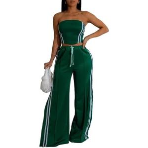 Lingt Chic Women's 2 Piece Summer Outfits Strapless Striped Crop Top & High Waist Wide Leg Pants Set Casual Outfit, Large