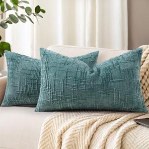 DecorUhome Summer Teal Chenille Throw Pillow Covers 12x20 Set of 2 Textured Soft Cozy Slubby Couch Pillow Covers Modern Farmhouse Boho Decorative Pillow Cases for Bed Sofa Living Room
