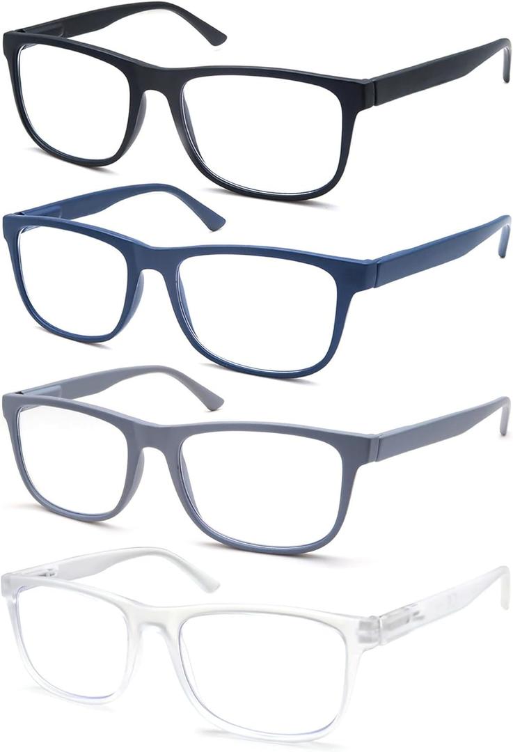 Large Reading Glasses Mens Wide Oversized Readers +1.50 Lightweight Square Eyeglasses for Reading for Big Head Men 4 Pack with Spring Hinge (Matte-black/Gray/Blue/Frosted Clear Frames)