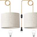Plug in Pendant Light, Hanging Light with Plug in Cord with Dimmable Switch, Hanging Lamp with 15ft Hemp Rope, Beige Linen Shade, Fixture for Bedroom, Living Room 2 Pack