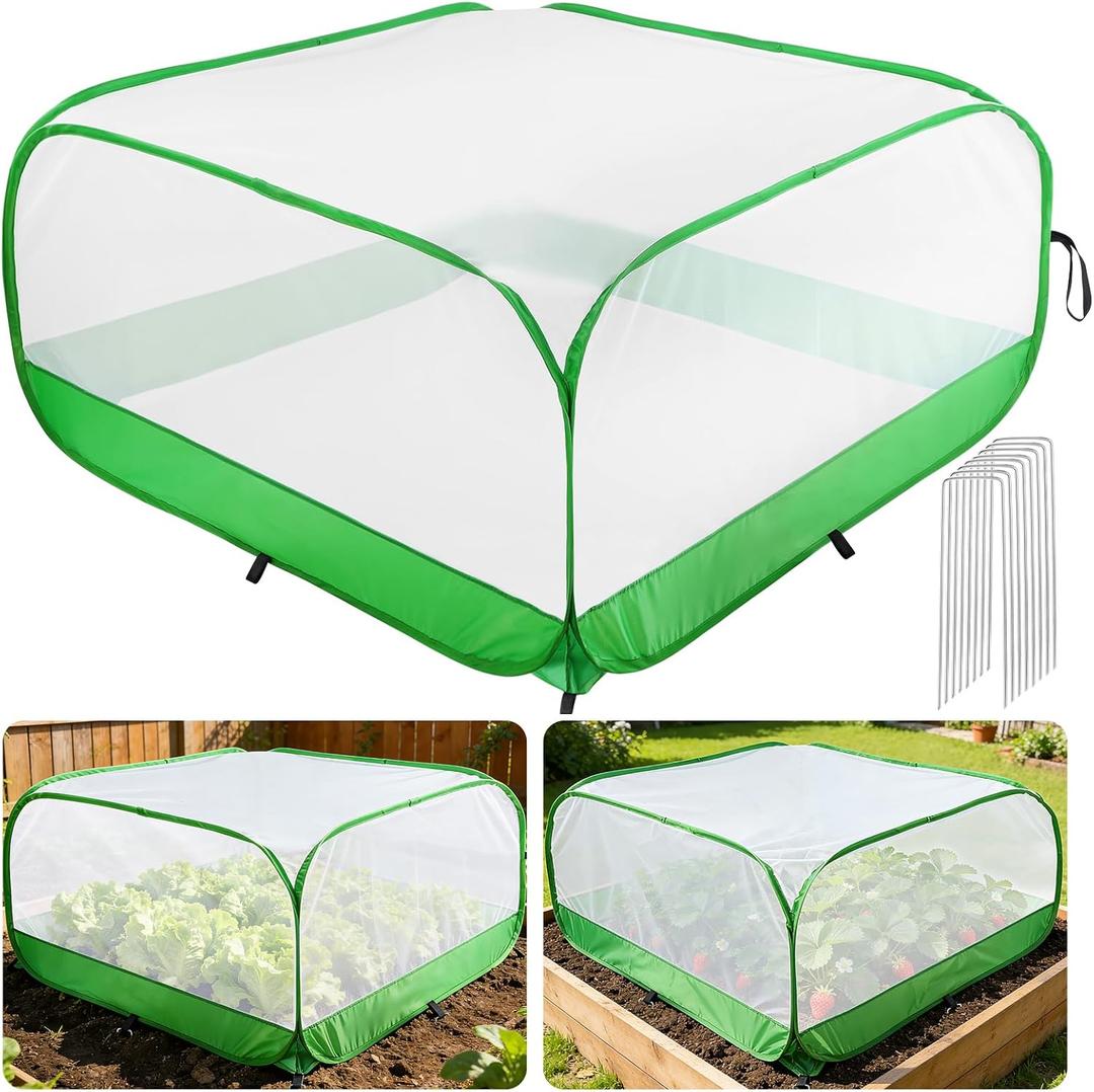 Pop Up Garden Netting for Square Raised Beds - 4'L x 4'W x 2'H Ultra Fine Mesh Net Plant Cover with 8 Stakes, Protection for Vegetables Fruit from Birds Pests