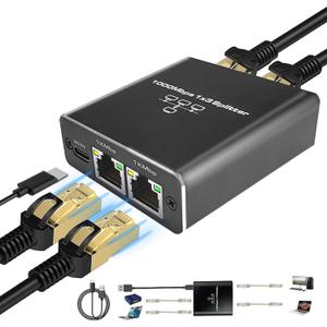Gigabit Ethernet Splitter 1 to 3 High Speed, 1000Mbps LAN Splitter (3 Devices Simultaneous Networking), RJ45 Splitter Adapter with USB Power Cable, Internet Splitter for Cat5/5e/6/7/8 Cable