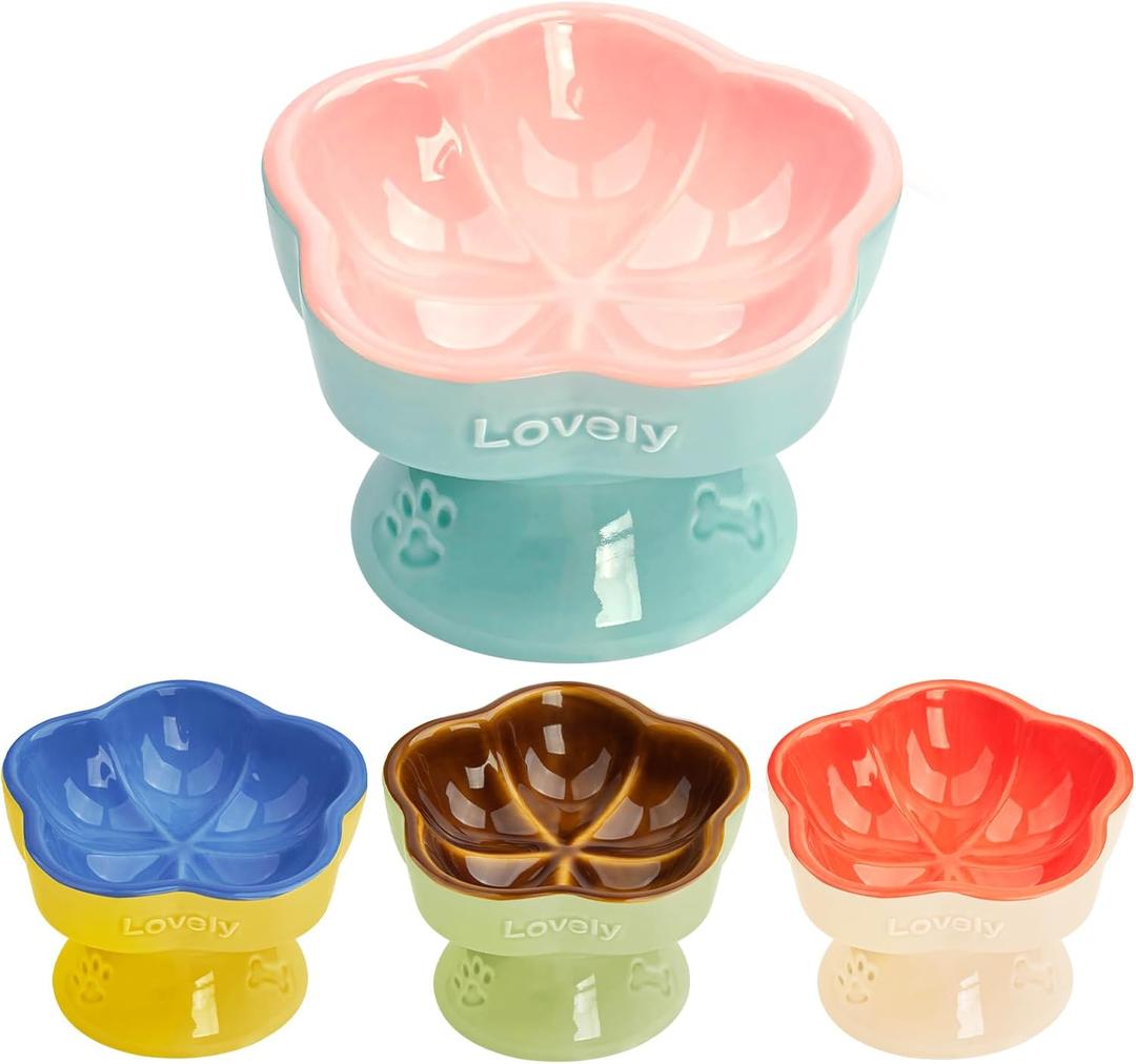 S&Q's CERAMICS Raised Cat Bowl, Elevated Cat Bowl for Food and Water, Ceramic Titled Dish, Anti Vomit & Whisker Friendly, Microwave and Dishwasher Safe (Pink, 5.8")