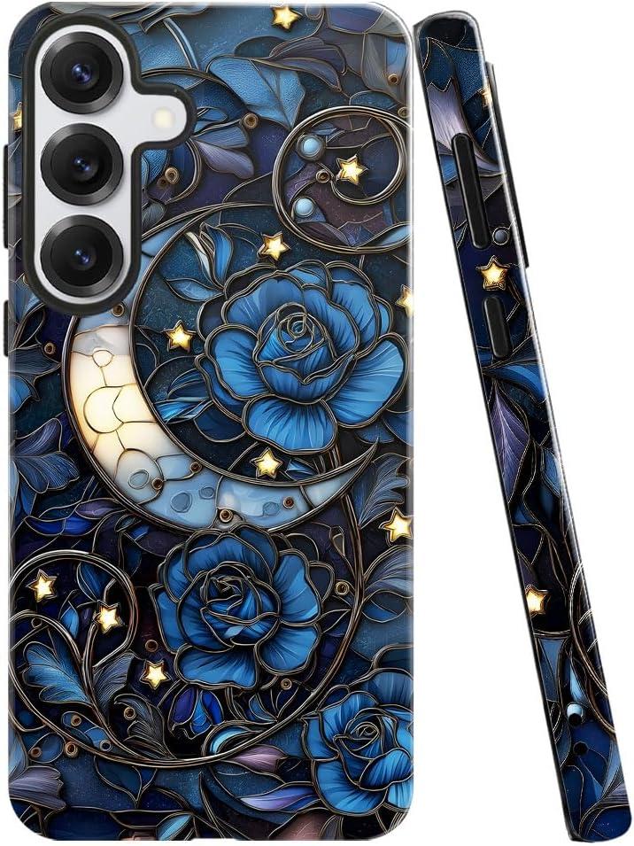 Case for Samsung Galaxy S25,Stained Glass Moon Mosaic Dark Academia Phone Case Military-Grade Drop Protection Cover for Women Girl - Glossy