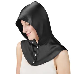 Hooded Silk Sleep Bonnet, 100% Mulberry Silk Night Cap, Long Hair Protective Cap with Buttons, Black