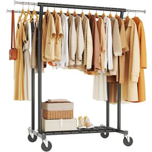 HYSEYY Heavy Duty Clothes Rack, Rolling Clothing Rack for Hanging Clothes with Shelves Load 700LBS,Portable Garment Wardrobe Closet Rack with Wheels for Bedroom,Laundry Room,Retail Store,Black