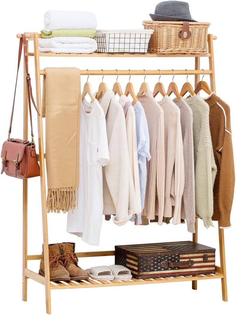 COPREE Bamboo Garment Coat Clothes Hanging Heavy Duty Rack with top Shelf and Shoe Clothing Storage Organizer Shelves