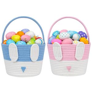 CubesLand Easter Bunny Basket Set for Kids, Babies, 2-Piece Easter Egg Hunt Baskets for Girls, Boys, Sturdy & Lightweight Cotton Rope Empty Gift Basket, Festive Decor & Gift Ideas, Large