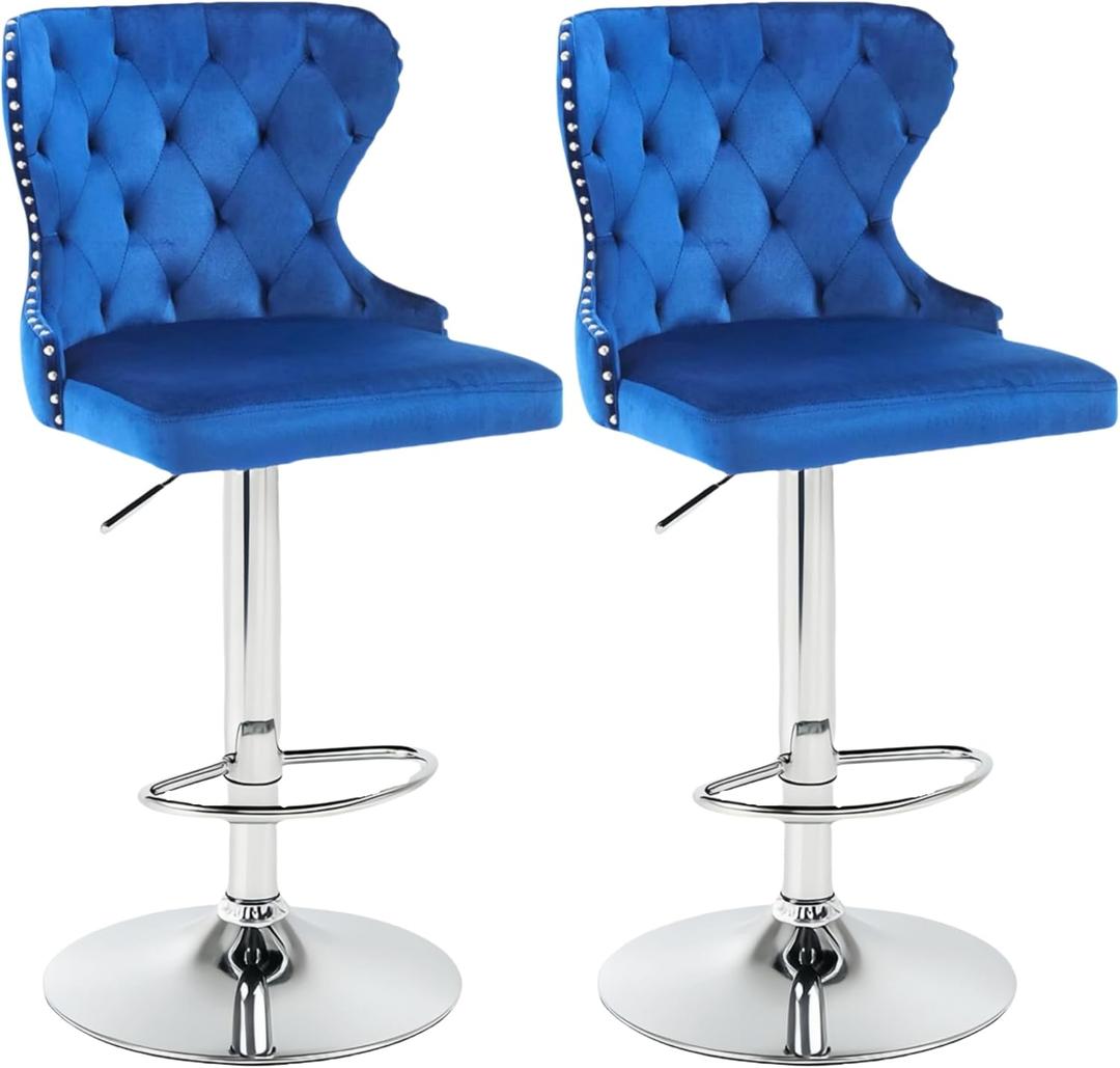 Set of 2 Adjustable Swivel Bar Stools,Velvet Upholstered Counter Height Chairs with Nailhead Trim, Silver Footrest, and High Back for Kitchen Island, Home Bar, Dining Room, Cafe, Blue